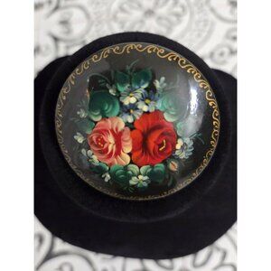 Vintage Hand-Painted Russian Lacquer Floral Folk Brooch Pin Rose Christmas